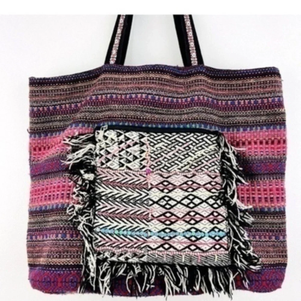 Gorgeous Black & Pink Colorful Canvas Fringe Boho
Earthy Hippie Tote Bag - Picture 1 of 9